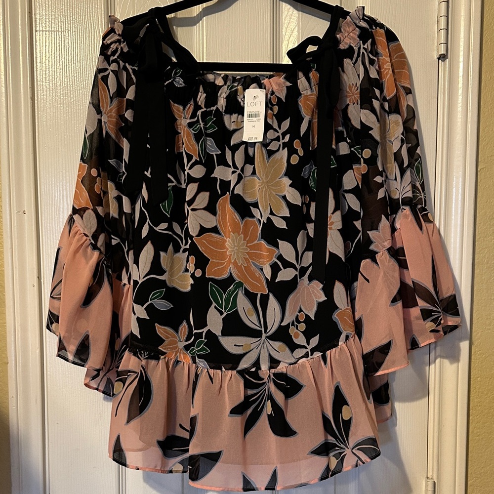 LOFT Floral Blouse - Black, Pink, and Orange